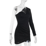 Women Autumn Sexy One Shoulder Long Sleeve Gathered Bodycon Dress