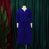 Plus Size African Women Autumn Elegant Solid Pleated Dress