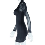 Women Sexy Halter Neck Mesh Patchwork Long Sleeve Dress