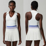Women Sports Fitness Tennis Skirt V-Neck Yoga Suit Two Piece Set