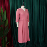Plus Size African Women Autumn Elegant Solid Pleated Dress