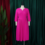 Plus Size African Women Autumn Elegant Solid Pleated Dress