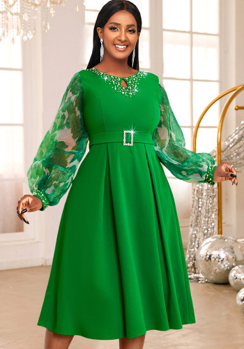 Women Beaded Round Neck Lantern Sleeve Evening Dress