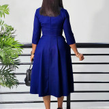 Plus Size African Women Autumn Elegant Solid Pleated Dress