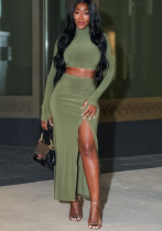 Women Autumn Long Sleeve Top and Slit Skirt Two Piece Set Women Autumn Long Sleeve Top and Slit Skirt Two Piece Set