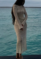 Women Knitting Hollow Long Sleeve Top and Skirt Two Piece Set Women Knitting Hollow Long Sleeve Top and Skirt Two Piece Set