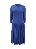 Plus Size Women Round Neck Solid Pleated Dress