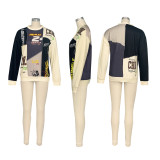 Autumn Trend Contrast Color Patchwork Letter Print Top Loose Round Neck Long Sleeve T-Shirt