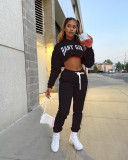 Women Solid Sports Letter Hoodies and Sweatpants Two Piece Set