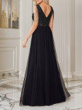 Women Sequin Black Mesh Evening Dress