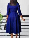 Plus Size African Women Autumn Elegant Solid Pleated Dress
