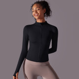 Women Solid Stand Collar Zipper Long Sleeve Yoga Top