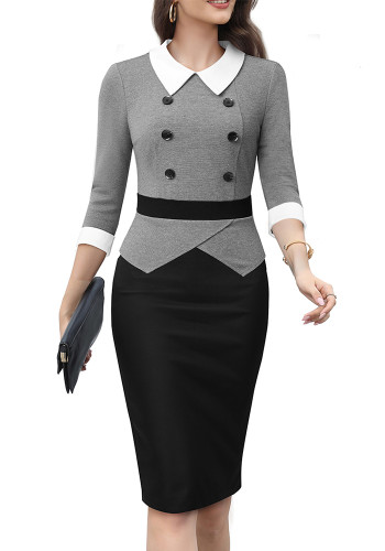 Women Elegant Contrast Turndown Collar Dress with Belt