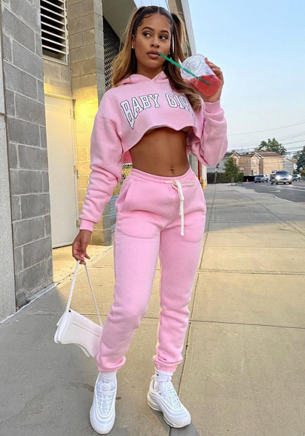 Women Solid Sports Letter Hoodies and Sweatpants Two Piece Set
