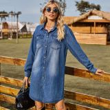 Women Washed Denim Loose Casual Long Sleeve Dress