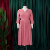 Plus Size African Women Autumn Elegant Solid Pleated Dress