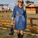 Women Washed Denim Loose Casual Long Sleeve Dress