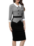Women Elegant Contrast Turndown Collar Dress with Belt