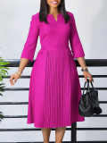 Plus Size African Women Autumn Elegant Solid Pleated Dress