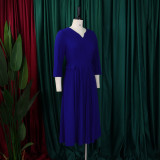 Plus Size African Women Autumn Elegant Solid Pleated Dress