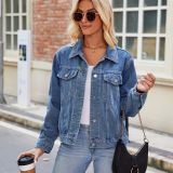 Women Washed Crop Long Sleeve Denim Jacket