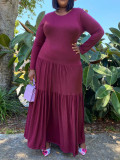 Plus Size Women Round Neck Solid Pleated Dress
