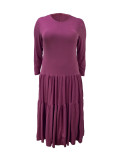 Plus Size Women Round Neck Solid Pleated Dress