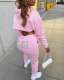 Women Solid Sports Letter Hoodies and Sweatpants Two Piece Set