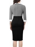 Women Elegant Contrast Turndown Collar Dress with Belt