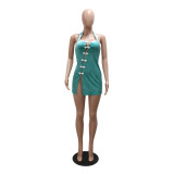 Women Sexy Halter Low Back Slit Slim Nightclub Dress