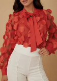Women's Tie Chiffon Shirt Hollow Lantern Sleeves Trendy Mesh Shirt