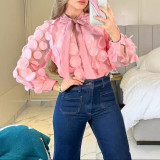Women's Tie Chiffon Shirt Hollow Lantern Sleeves Trendy Mesh Shirt