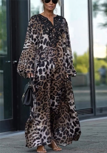Autumn Loose Leopard Print Long Sleeve Plus Size Dress