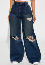 Autumn Winter Ripped Wide-Leg Denim Pants