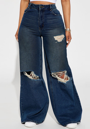 Autumn Winter Ripped Wide-Leg Denim Pants