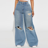Autumn Winter Ripped Wide-Leg Denim Pants