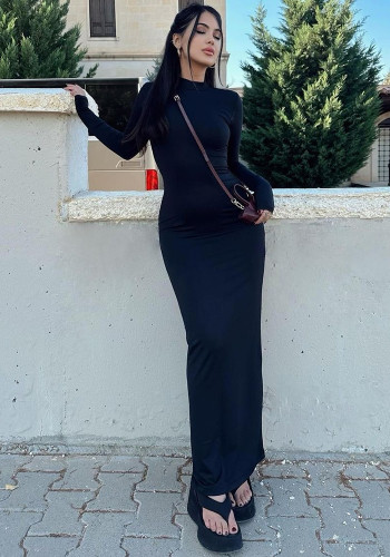 Women's Autumn Winter Stand Collar Long Sleeve Slim Solid Color Bodycon Dress