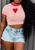 Autumn Winter Fashion Heart-Shaped Top Round Neck Pullover Slim Knitting Crop Sweater