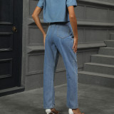 Women's Autumn Washed Pearl Denim Straight Trousers