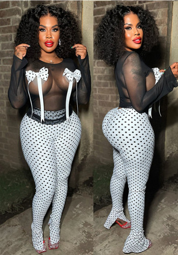 Sexy Spot Print Bow Nightclub Mesh Top Split Trousers Two-Piece Set