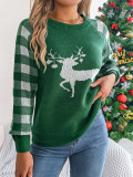 Autumn Winter Casual Plaid Deer Long Sleeve Pullover Sweater Christmas Women's Clothing