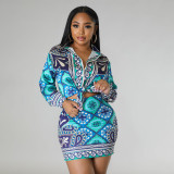 Casual Long Sleeve Printed Shirt Slim Short Skirt Sexy Two-Piece Set