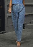 Women's Autumn Washed Pearl Denim Straight Trousers