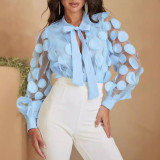 Women's Tie Chiffon Shirt Hollow Lantern Sleeves Trendy Mesh Shirt