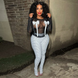 Sexy Spot Print Bow Nightclub Mesh Top Split Trousers Two-Piece Set