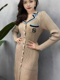 Female Long Sleeve Turndown Collar Slim Fit Chic Long Dress