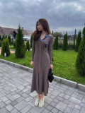 Female Long Sleeve Turndown Collar Slim Fit Chic Long Dress