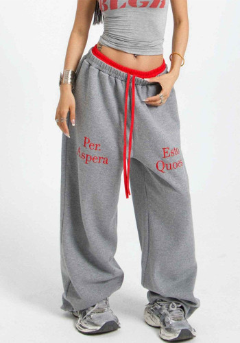 Color Contrast Patchwork Waist Loose Straight Casual Pants