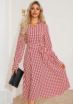 Autumn Long Sleeve V-Neck Houndstooth Print Belt Midi Casual Dress
