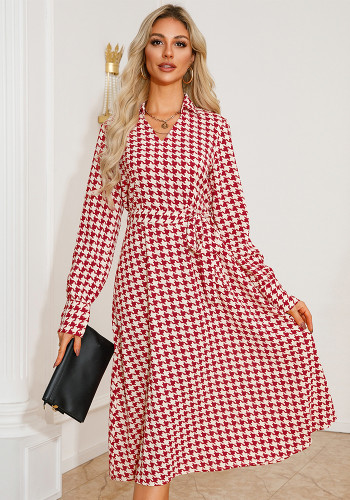 Autumn Long Sleeve V-Neck Houndstooth Print Belt Midi Casual Dress